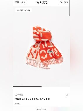 Byredo Limited Edition Cashmere Alphabeta Scarf in Grenadine made in Lithuania